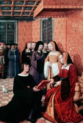 O poeta Jean Marot (1450-1526) entrega sua obra Voyage to Genoa a Anne of Brittany (1477-1514), ca. 1508, miniatura de Jean Bourdichon (1457-1521). França