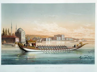 Império Otomano: "O Palácio do Sultão e o Barco de Desfile em Constantinopla" Aguarela de Jean Brindesi (1826-1888)
