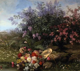 Flores de verão na margem do rio. Um chapéu de palha e uma rede para borboletas são colocados no meio de um canteiro de flores (primereves, lilases...). Pintura de Jean Capeinick (1838-1890). Coleção particular.
