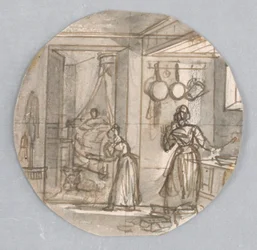 Projeto para Prato de Porcelana Pintado, Cena de Cozinha com Quarto de Fundo, possivelmente para o Service des Objets de Dessert (Serviço de Sobremesa)