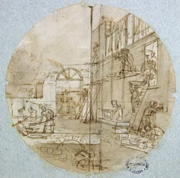 A oficina do pedreiro, desenho de prato para um serviço representando diversos ofícios, c. 1820-35