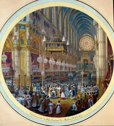 A coroação de Carlos X (1757-1836) na Catedral de Reims em 28/05/1825. Pintura a aguarela para um projeto de mesa guéridon de Jean-Charles Develly (1783-1862), 1825. Diâm. 0,37m. Sèvres. Manufatura de porcelana