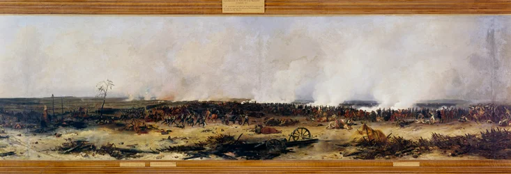 Campanha da Rússia: "Panorama da Batalha de Moscova em 7/09/1812". A Batalha de Moskova (também Batalha de Borodino) entre os franceses de Napoleão I Bonaparte (1769-1821) e o exército russo imperioso liderado por Mikhail Golenichchev Kutuzov (Golenishchev