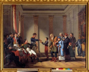 Caridade do Imperador Napoleão I (1769-1821) durante a campanha polaca em janeiro de 1807: Imperador dando uma pensão de cem napoleões a Nerocki, 117 anos de idade Pintura de John Charles Tardieu (1765-1830) Sol do século XIX. 1,15x1,46 m - Acto benevolent