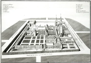Vista da Abadia de Saint-Germain-des-Pres antes de 1640, gravada por Antoine Herisset (1685-1769)