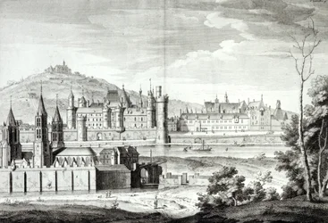 Vista da Abadia de Saint-Germain-des-Prés, o Louvre, Petit Bourbon, Montmartre e o Sena em 1410, gravada por Antoine Herisset (1685-1769)