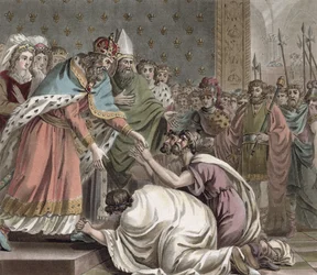 Carlos Magno (742-814) Recebe os embaixadores do Imperador do Oriente, gravados por Jean Baptiste Morret (fl. 1790-1820), 1789