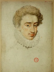 O futuro rei Henrique IV de França na altura do seu casamento com Margarida de Valois ... (lápis de cera sobre papel)