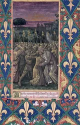 Ms. Lat. Q.v.I.126, fól. 100: O beijo de Judas, do «Livro de Horas de Luís de Orleães», 1469