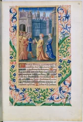 Ms Lat. Q.v.I.126 f.48 Judite de regresso a Betúlia com a cabeça decepada de Holofernes, do "Livro de Horas de Louis d