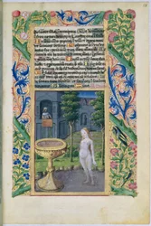 Ms Lat. Q.v.I.126 f.58 David espiando Betsabé enquanto ela toma banho, do Livro de Horas de Luís de Orleães, 1469