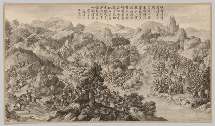 Batalha em Yixier Kuernaoer: de cenas de batalha do Quelling of Rebellions ..., c1765-1774.