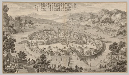 Khan de Bada Shan Apresentando Homenagem: das cenas de batalha do combate às rebeliões, c. 1765-177