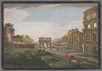 Vista das ruínas do Arco de Constantino e do Coliseu em Roma Roma ancienne (título no objeto)