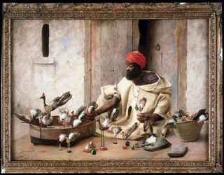 Um comerciante de aves na rua de Tânger em Marrocos (pintura)