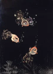 Um painel lacado de Jean Dunand, representando uma cena subaquática com peixes vermelhos e dourados a soprar bolhas de ar