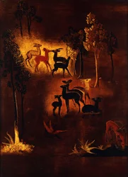 Um painel decorado com cervos em uma paisagem arborizada