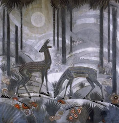 Dois cervos em uma floresta, c.1929 (painel de madeira laqueada)