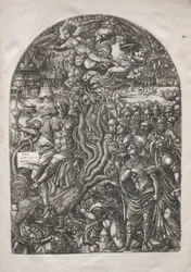 O Apocalipse: Babilônia, a prostituta, sentada na besta de sete cabeças, 1546-1556.