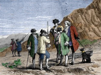 Florin Perier medindo a altura do Barômetro (tubo de mercúrio) do Evangelista Torricelli ou Toricelli durante a experiência sobre a gravidade do ar de Blaise Pascal, no topo do Puy de Dome (1648). Gravação por Yan Dargent.
