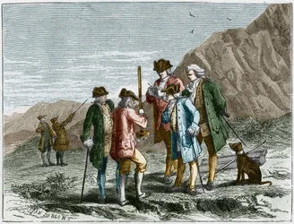 Florin Perier medindo a altura do Barômetro (tubo de mercúrio) do Evangelista Torricelli ou Toricelli durante a experiência sobre a gravidade do ar de Blaise Pascal, no topo do Puy de Dome (1648). Gravura de Yan Dargent.