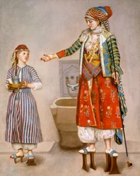 Uma mulher em traje turco em Hamam, instruindo seu servo,
