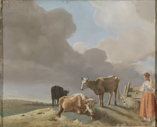 Paisagem com vacas, ovelhas e pastora, cópia alterada após um quadro de Paulus Potter, a pastora copiada de um quadro de Karel Dujardin (recto); retrato inacabado de um homem (verso)