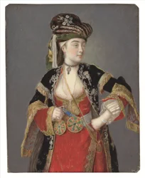 Presumido retrato de Laura Tarsi em vestido turco