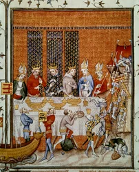 Banquete oferecido pelo rei Carlos V de França (1338-1380) no Palais de la Cité em honra do imperador Carlos IV (1316-1378) e do rei Venceslau IV da Boémia (1363-1419). Miniatura das «Grandes Crónicas de França» de Jean Fouquet (1420-1481), Paris, B.N.