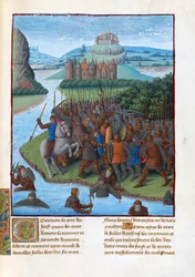 Bataille entre les maccabes et les Seleucides (revolte des maccabes) - Batalha entre os Maccabees e os Seleucids. Ilustração em Flavius Josephus "Antiquities of the Jews" (Antiquitatum Iudaica par Fouquet, Jean (1420-1481). Gouache sobre pergaminho, L