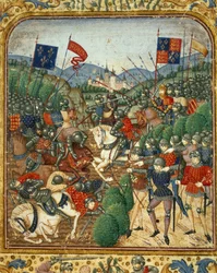 Batalha de Azincourt (1415). Durante a Guerra dos Cem Anos, Henrique V de Inglaterra derrotou o partido francês dos Armagnacs - em «Grandes Chroniques de France», de Jean Fouquet, cerca de 1467-1476. Victoria & Albert Library