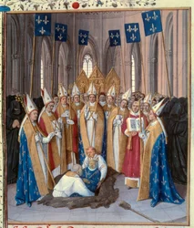 Enterro do Rei Filipe IV o Bel (1268-1314) na Basílica Saint Denis Miniatura tirada de "As Crónicas de Saint Denis" de Jean Fouquet (1420-1481) século XV. Paris, B.N.
