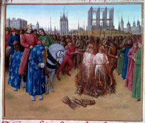 Condenação e tortura dos amadores (apoiantes de Amaury de Chartres, filósofo e teólogo francês do século XII) na presença de Filipe II conhecido como Philip Auguste (1165-1223). Manuscrito "Grandes Crônicas da França" (Fólio 236