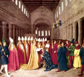 Coroação do imperador Carlos Magno a 25 de dezembro de 800, em Roma, pelo papa Leão III, iluminura de «Les Grandes Chroniques de France» por Jean Fouquet, c. de 1455-1460
