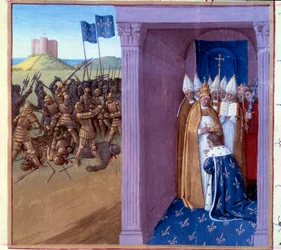 Derrota de Griffon (cena da esquerda): Luta de Pepin the Brief (714-768) e do seu irmão Griffon. Anéis de Pepin the Brief para Laon em 754. Miniatura em "Grandes Cronos de França" (Fólio 76) iluminada por Jean Fouquet (século XV) 1493. Paris. B N