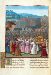 Josué e a Queda de Jericó. Ilustração em Flavius Josephus ""Antiguidades dos Judeus"" (Antiquitatum Iudaicarum) por Fouquet, Jean (1420-1481). Guache em pergaminho, final do século 15, Bibliotheque Nationale de France