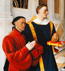Painel esquerdo do Díptico de Melun: Étienne Chevalier com o seu santo padroeiro São Estêvão