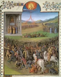Sra. Fr 247 f.70 Batalha dos hebreus contra os cananeus e o castigo de Coré e os rebeldes, ilustração de &39;Antiquites Judaiques&39;, c.1470