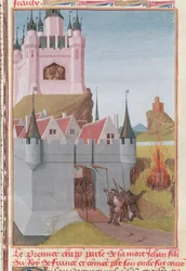 Ms Fr 6465 fol.327 O reinado de Filipe V (c.1294-1322) "O Alto" da morte do seu sobrinho, João I, em 1316, das Grandes Chroniques de France (velino)