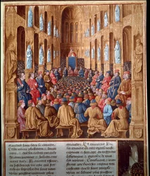 O papa Urbano II (1042-1099) pregando a primeira cruzada no Concílio de Clermont, França, unindo cavaleiros, nobreza e cardeais