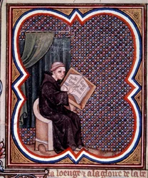 Primaz escrevendo as grandes crônicas da França na abadia de Saint Denis. Miniatura do manuscrito de Jean Fouquet (1420 - 1481) "Grandes Crônicas da França". Paris, B N