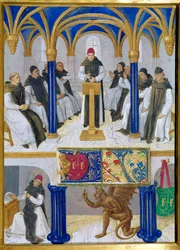 Representação de São Bernardo de Clairvaux (San Bernardo di Chiaravalle) (1090-1153) professor e tenda do diabo Miniatura tirada do "Livro de Horas de Etienne Chevalier" de Jean Fouquet (1420-1477/1481)