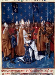 Coroação de Carlos VI em Reims em 1380. Miniatura das Grandes Chroniques de France (Fólio 457v), iluminada por Jean Fouquet (1420-1481), 1455-1460. Biblioteca Nacional, Paris.