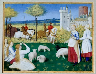 Santa Margarita de Antioquia (século III) e Olibrius, também conhecida como Margarita que guarda as ovelhas Episódio da Legende Doree de Tiago (Jacobus) de Voragine (1228-1298). Prefet Olibrius apaixona-se repentinamente por - Margarita, uma jovem pastora 