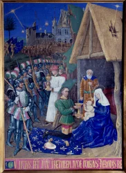 A Adoração da Miniatura dos Magos tirada do "Livro de Horas de Etienne Chevalier" de Jean Fouquet (1420-1477/1481)