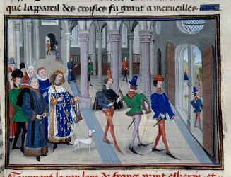 O Rei Saint Louis (Louis IX (1214-1270) apreciando sair do exterior" Miniatura de "Les Grandes Chronicles" de Jean Fouquet (1420-1481), Paris, Biblioteca do Arsenal