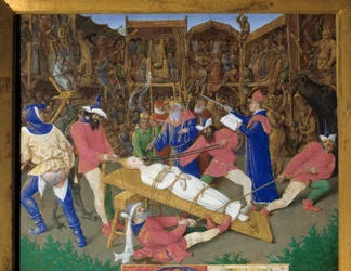Os votos dos santos. Martírio de santa Apolina (ou Apolónia). A santa cristã Apolina de Alexandria é torturada pelos pagãos em 249 d.C. Os carrascos arrancam-lhe os cabelos e partem-lhe os dentes. O imperador Décio é espectador. Pormenor de uma miniatura