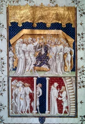 A coroação de Carlos VI (1368-1422) pelos pares de França em 16/09/1380. Miniatura das «Grandes Chroniques de France», século XV, Paris, Bibliothèque nationale
