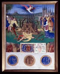 O martírio de Catarina de Alexandria Miniatura tirada do "Livro de Horas de Etienne Chevalier" de Jean Fouquet (1420-1477/1481)