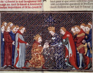 A homenagem do Rei Eduardo III de Inglaterra (1312-1377) a Filipe VI de Valois (1294-1350), Rei de França, em 1330. Miniatura de "Les grandes chronicles de france" de Jean Fouquet (1420-1481)